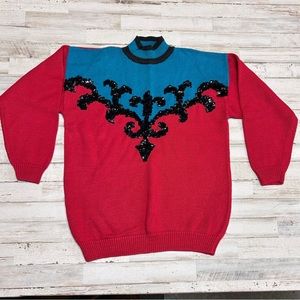 All Points by Reference Point Vintage Color Block Sequined Sweater Size Small